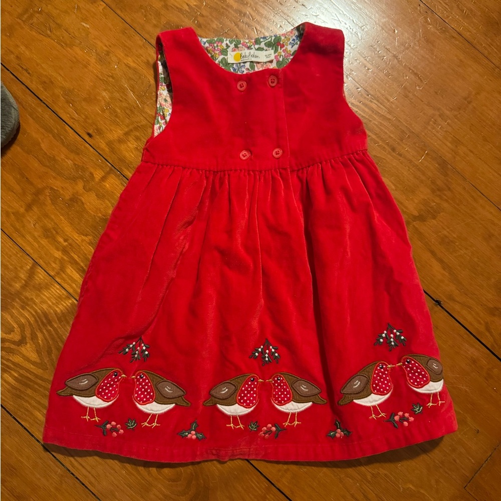 Baby Boden Red Corduroy Dress with Bird Embroidery